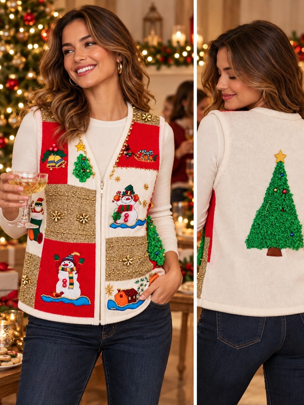Vintage Lisa International Petite S Ugly Christmas Sweater Vest Beaded Snowman